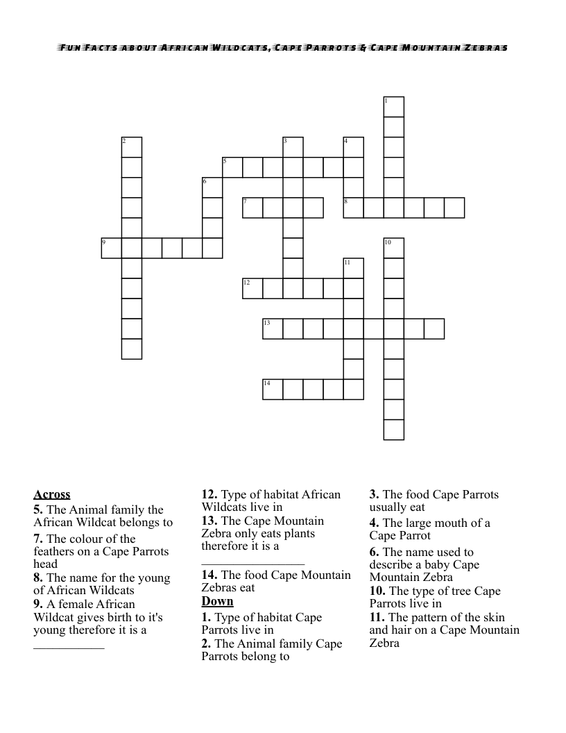 Fun Facts about African Wildcats, Cape Parrots & Cape Mountain Zebras Crossword