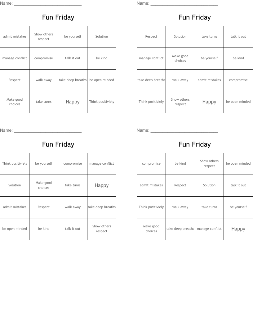Fun Friday Bingo Cards