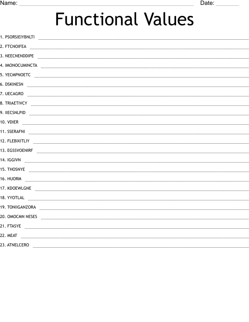 Functional Values Word Scramble