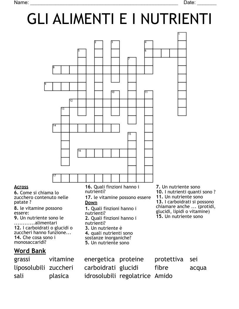 GLI ALIMENTI E I NUTRIENTI Crossword