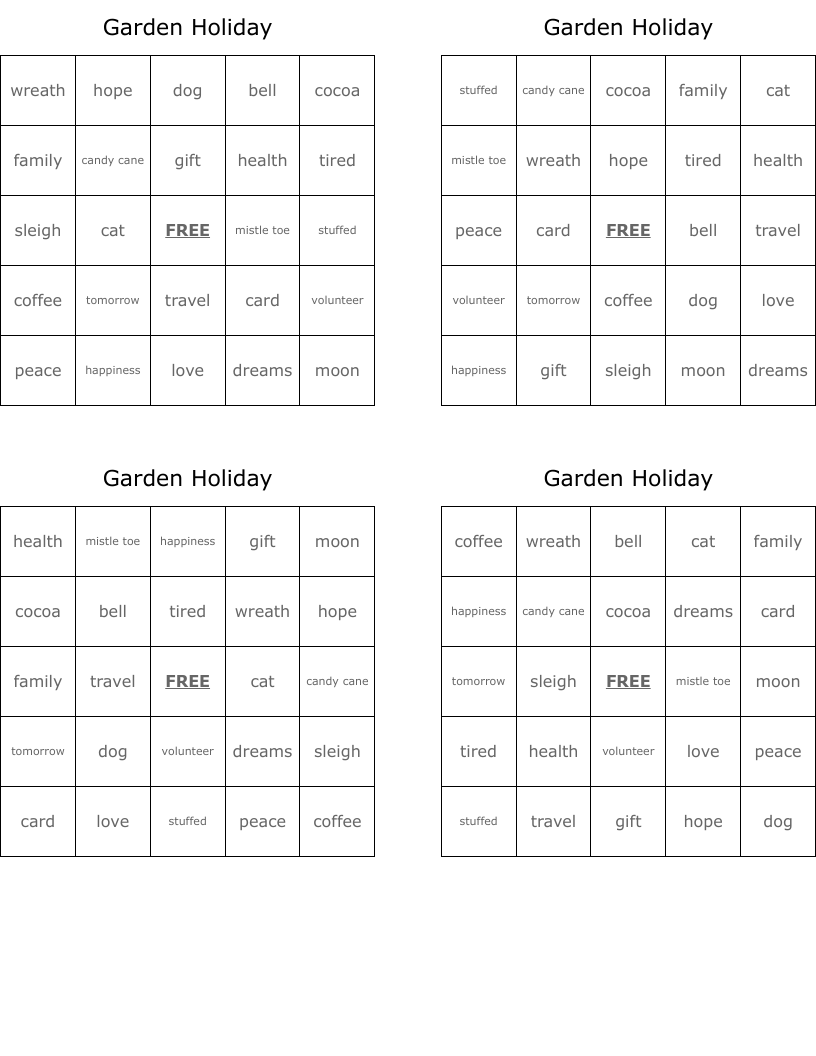 Garden Holiday Bingo Cards