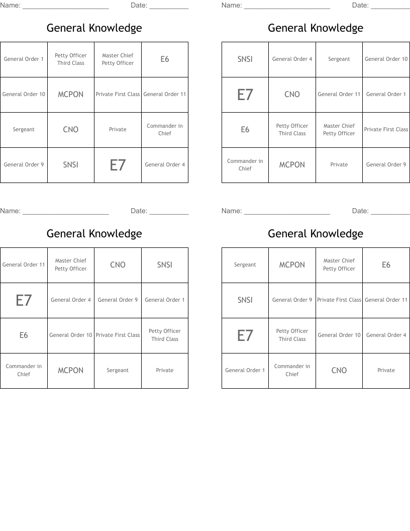 General Knowledge Bingo Cards