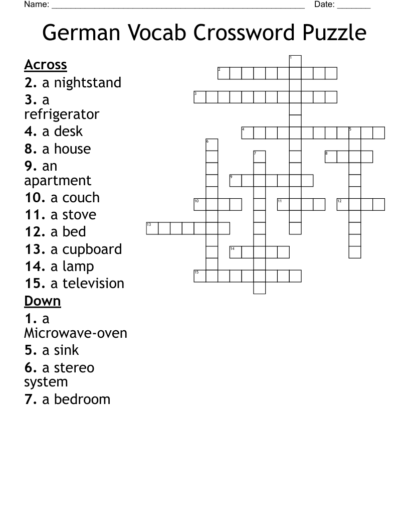 German Vocab Crossword Puzzle