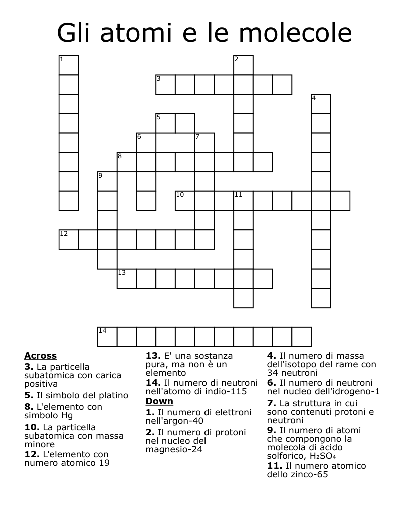 Gli atomi e le molecole Crossword