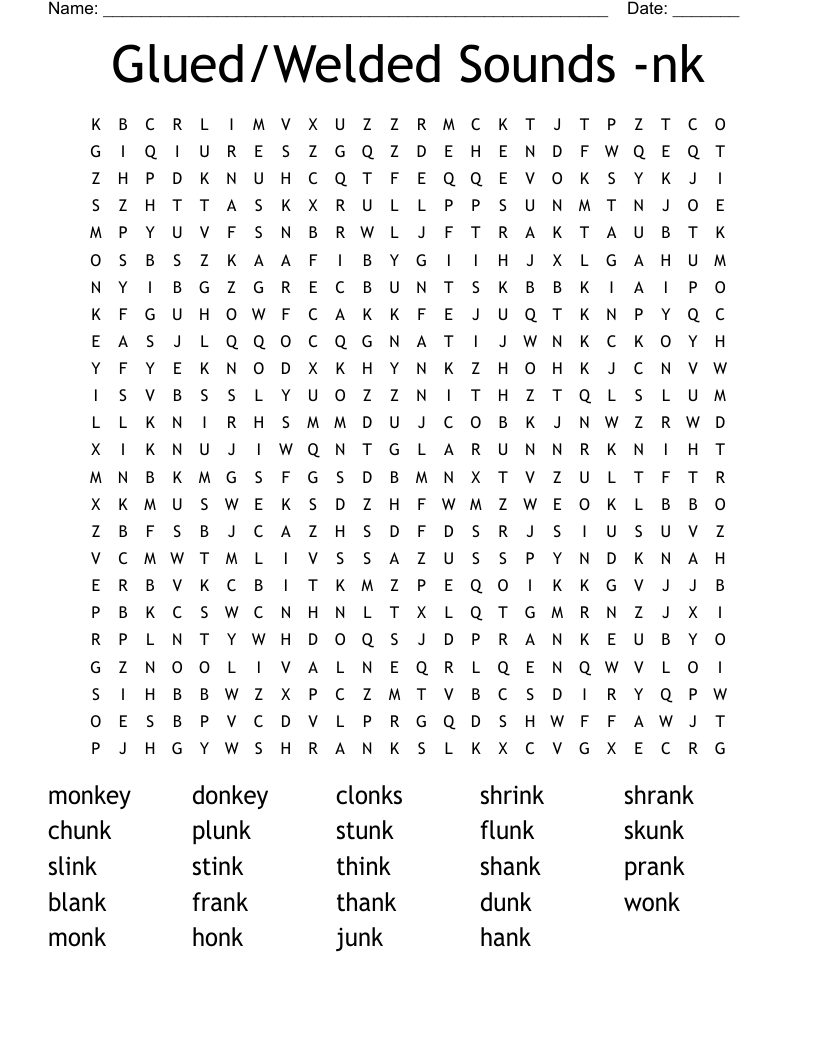 Glued/Welded Sounds -nk Word Search