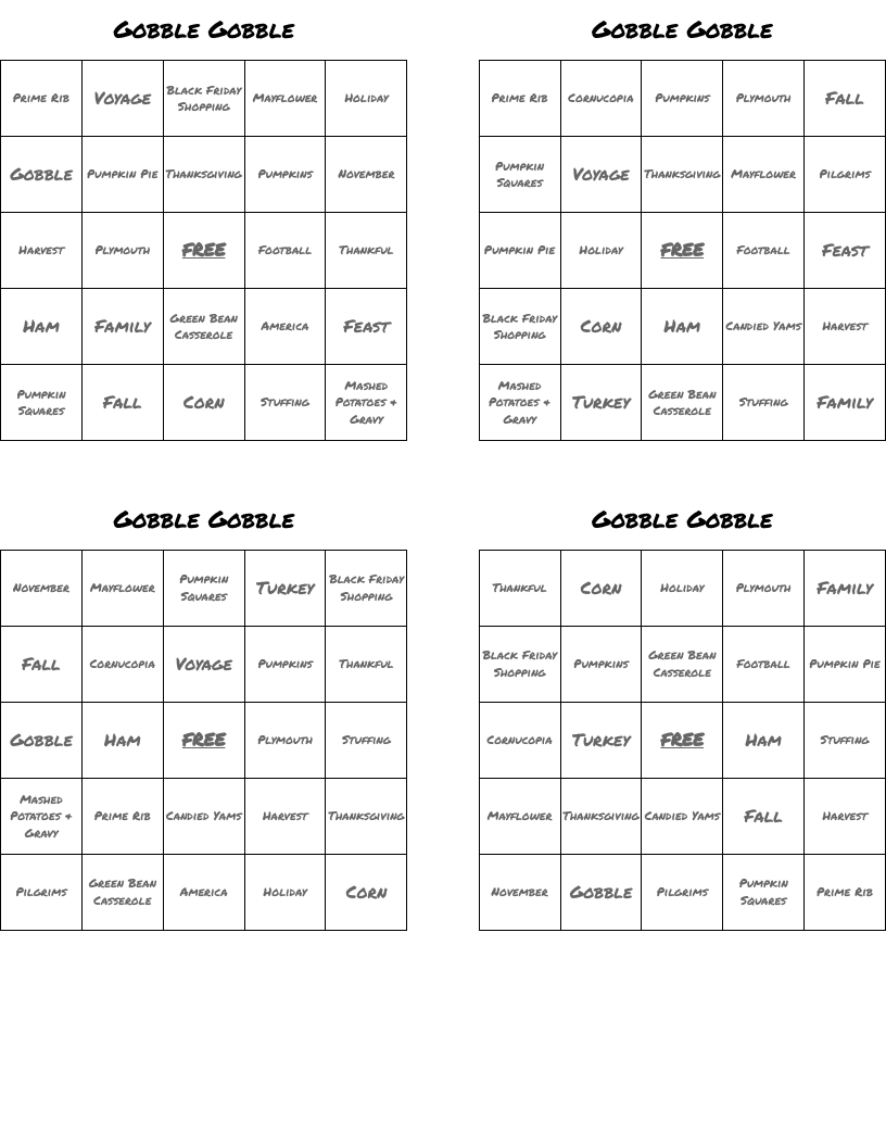 Gobble Gobble Bingo Cards