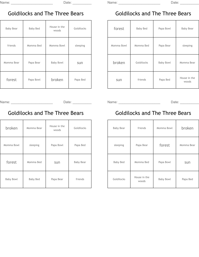 Goldilocks and The Three Bears Bingo Cards