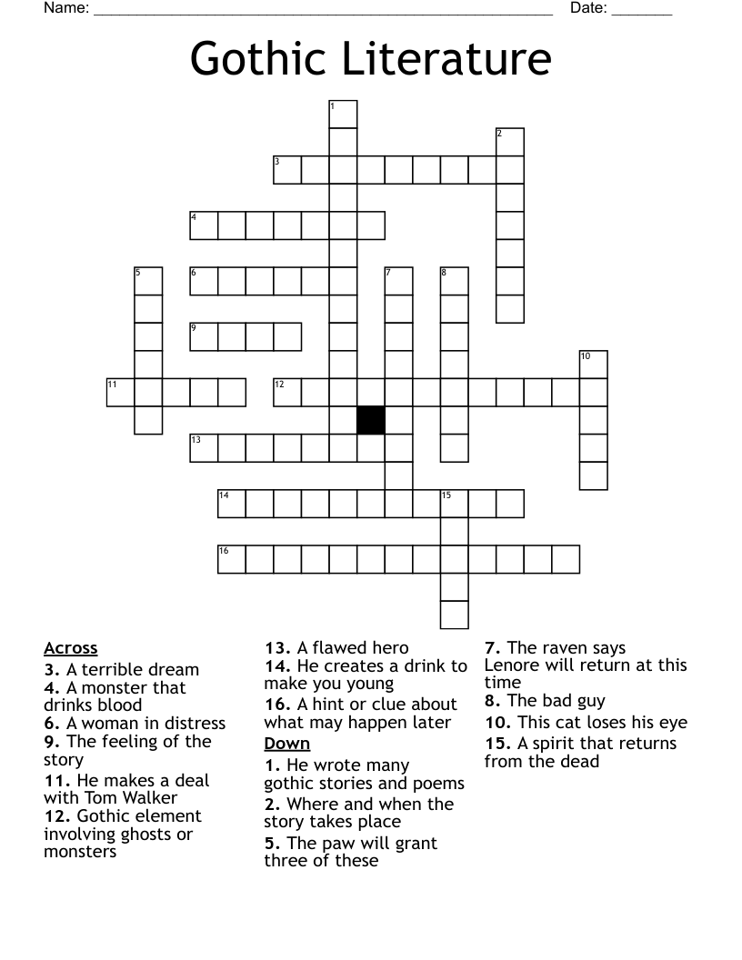 Gothic Literature Crossword