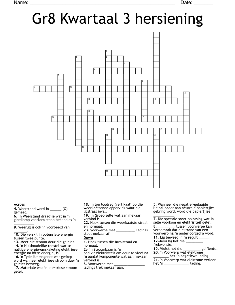 Gr8 Kwartaal 3 hersiening Crossword