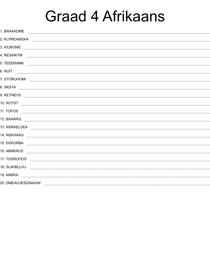 Graad 4 Afrikaans Word Scramble