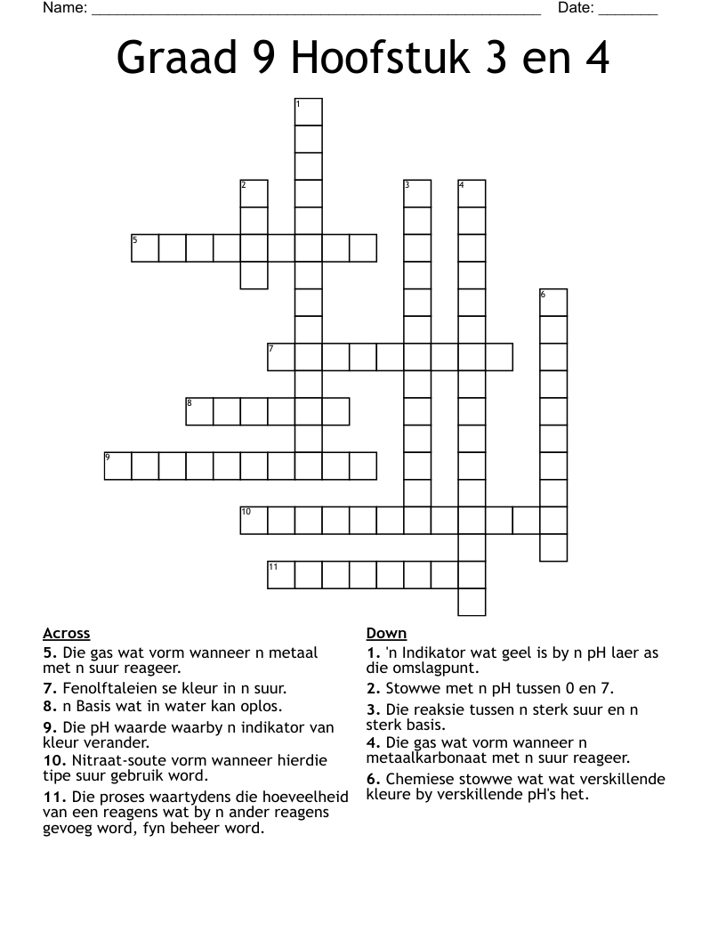 Graad 9 Hoofstuk 3 en 4 Crossword