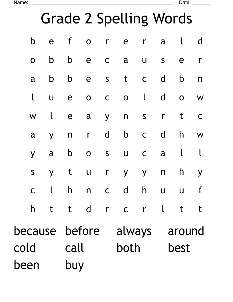 Grade 2 Spelling Words Word Search