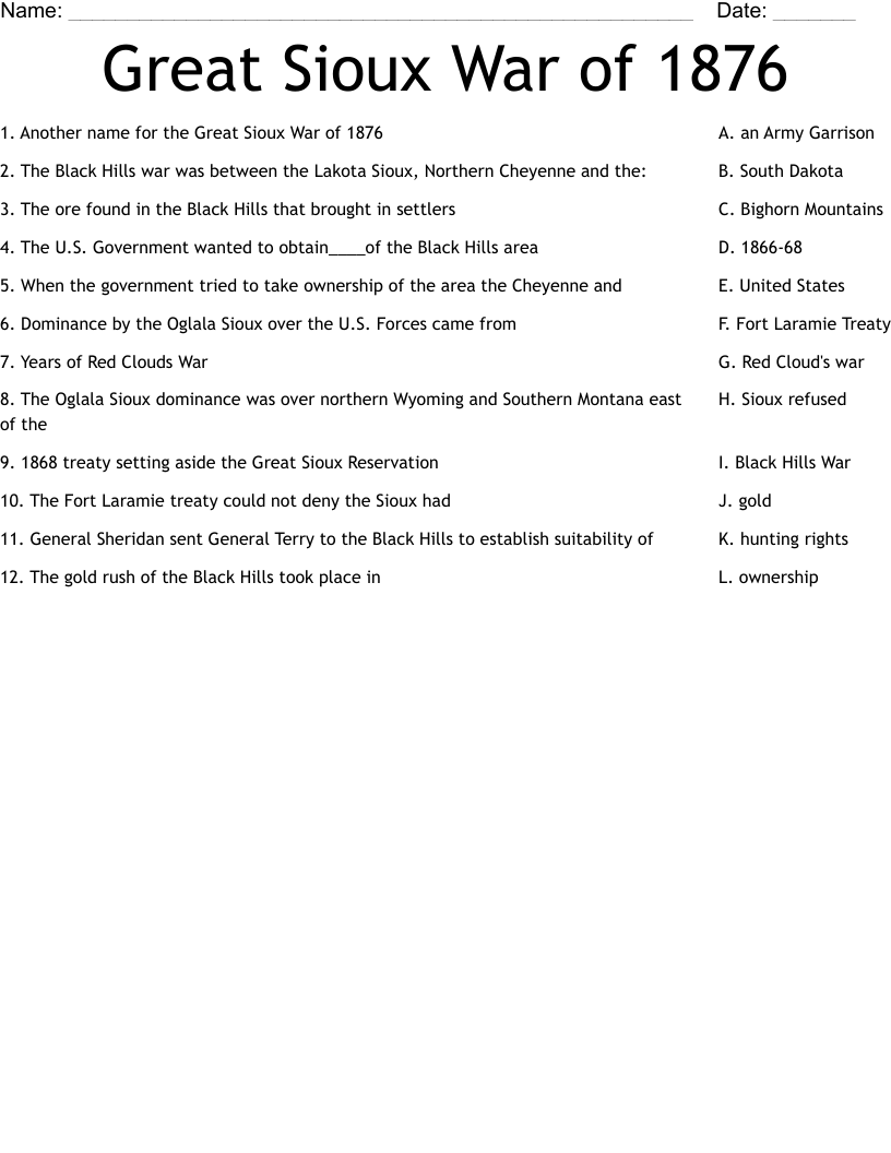 Great Sioux War of 1876 Worksheet