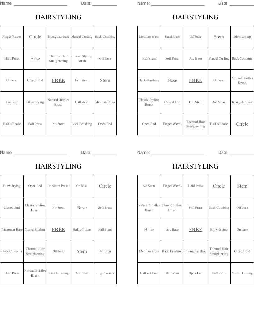 HAIRSTYLING Bingo Cards