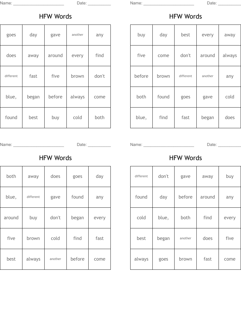 HFW Words Bingo Cards
