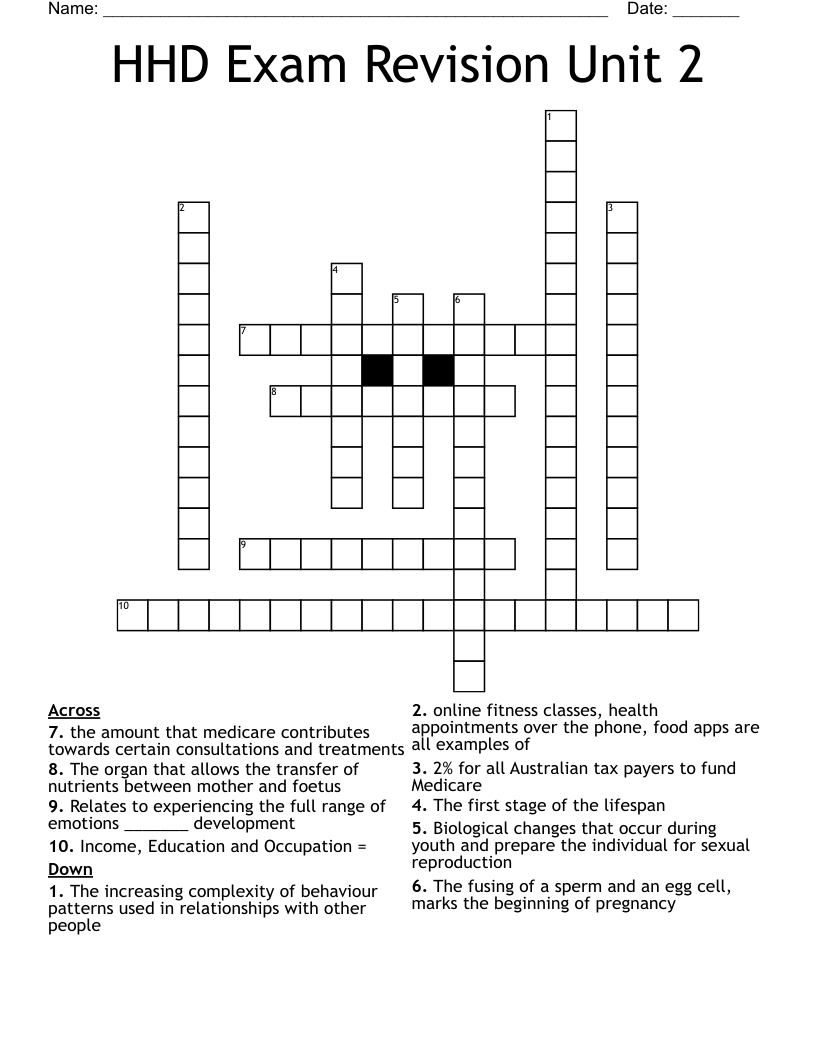 HHD Exam Revision Unit 2 Crossword