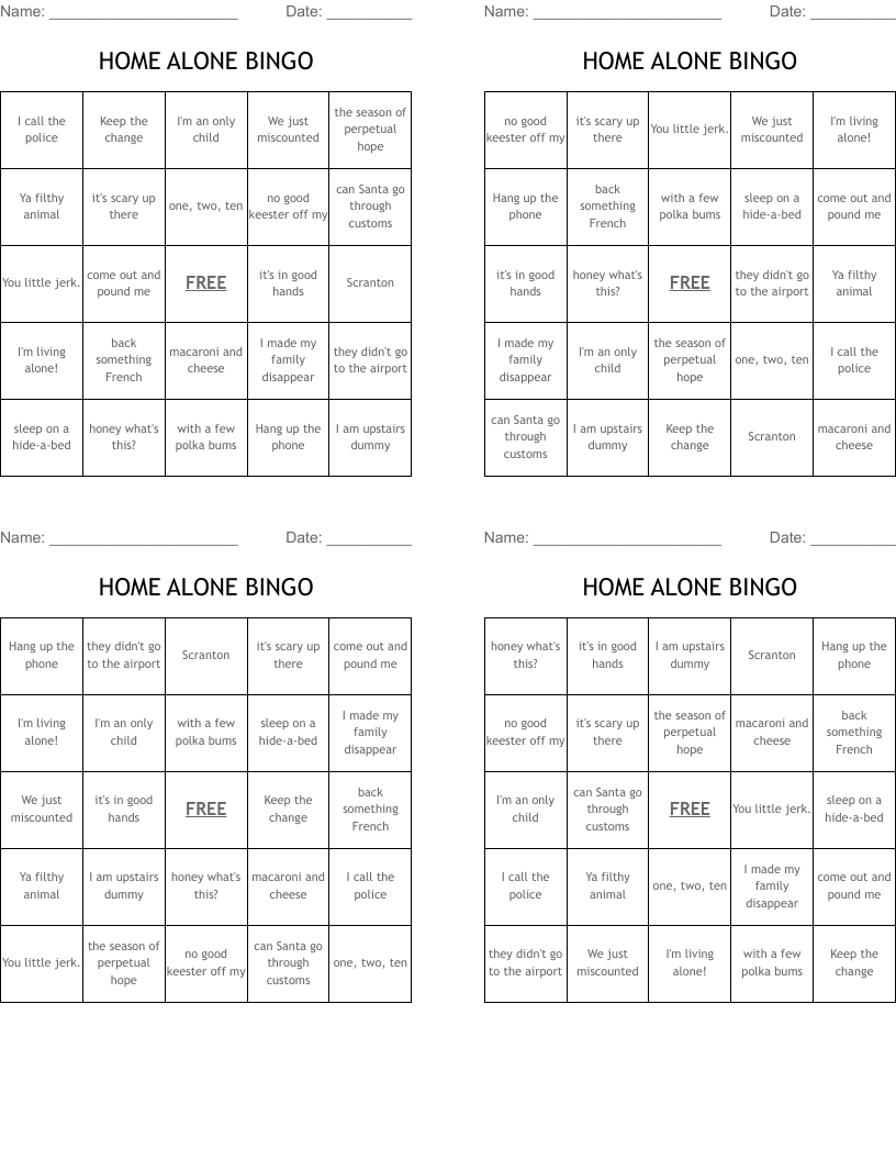 HOME ALONE BINGO
