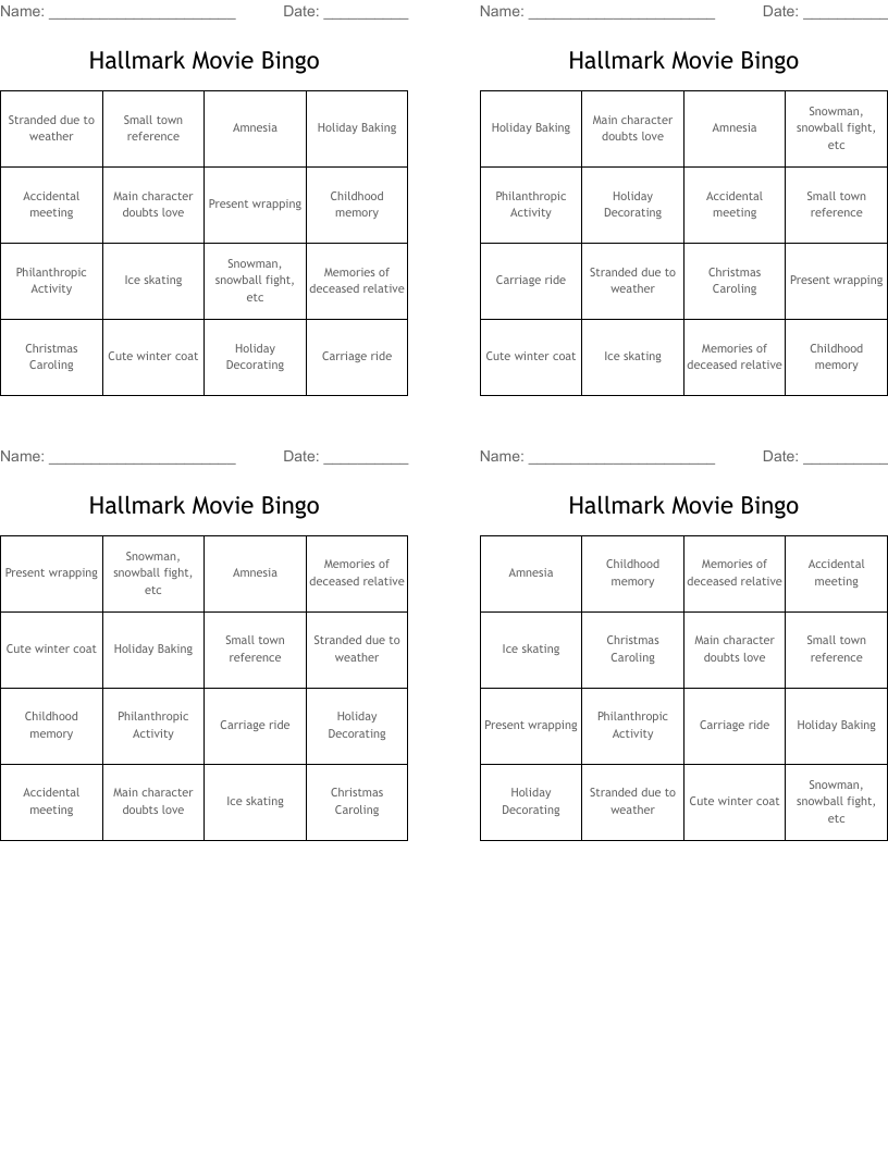 Hallmark Movie Bingo