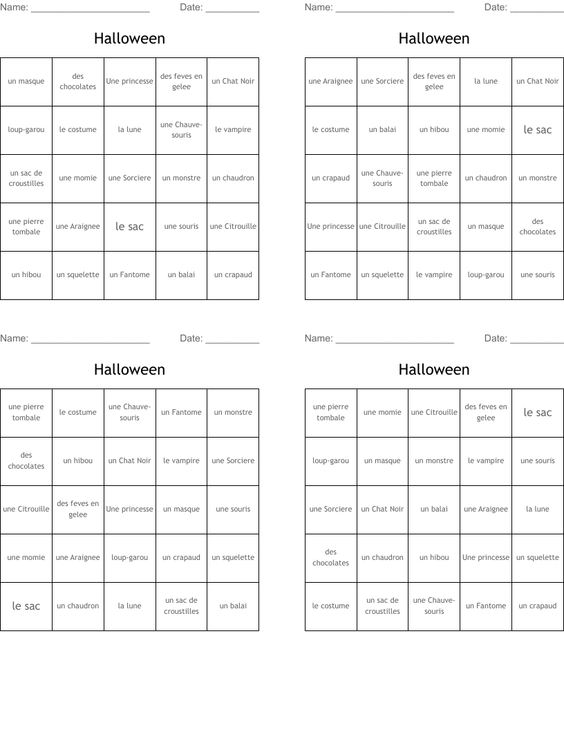 Halloween  Bingo Cards