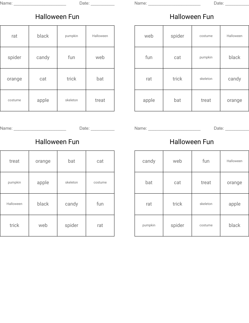 Halloween Fun Bingo Cards