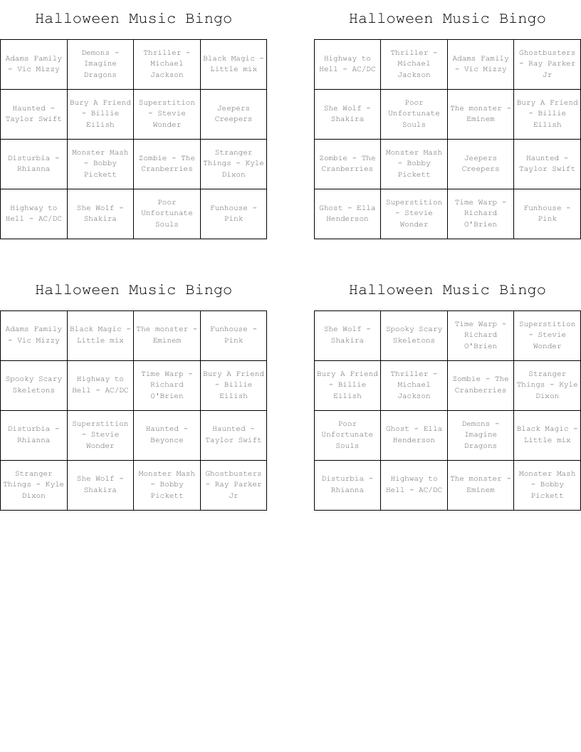 Halloween Music Bingo