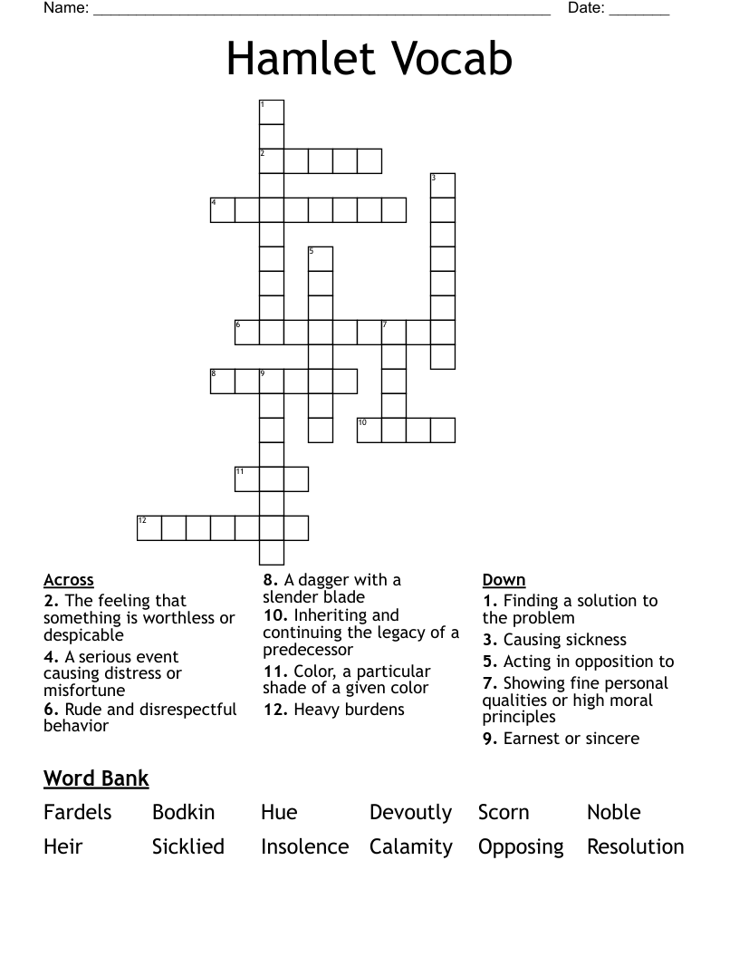 Hamlet Vocab Crossword