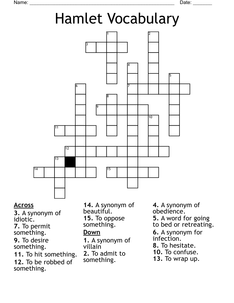 Hamlet Vocabulary Crossword