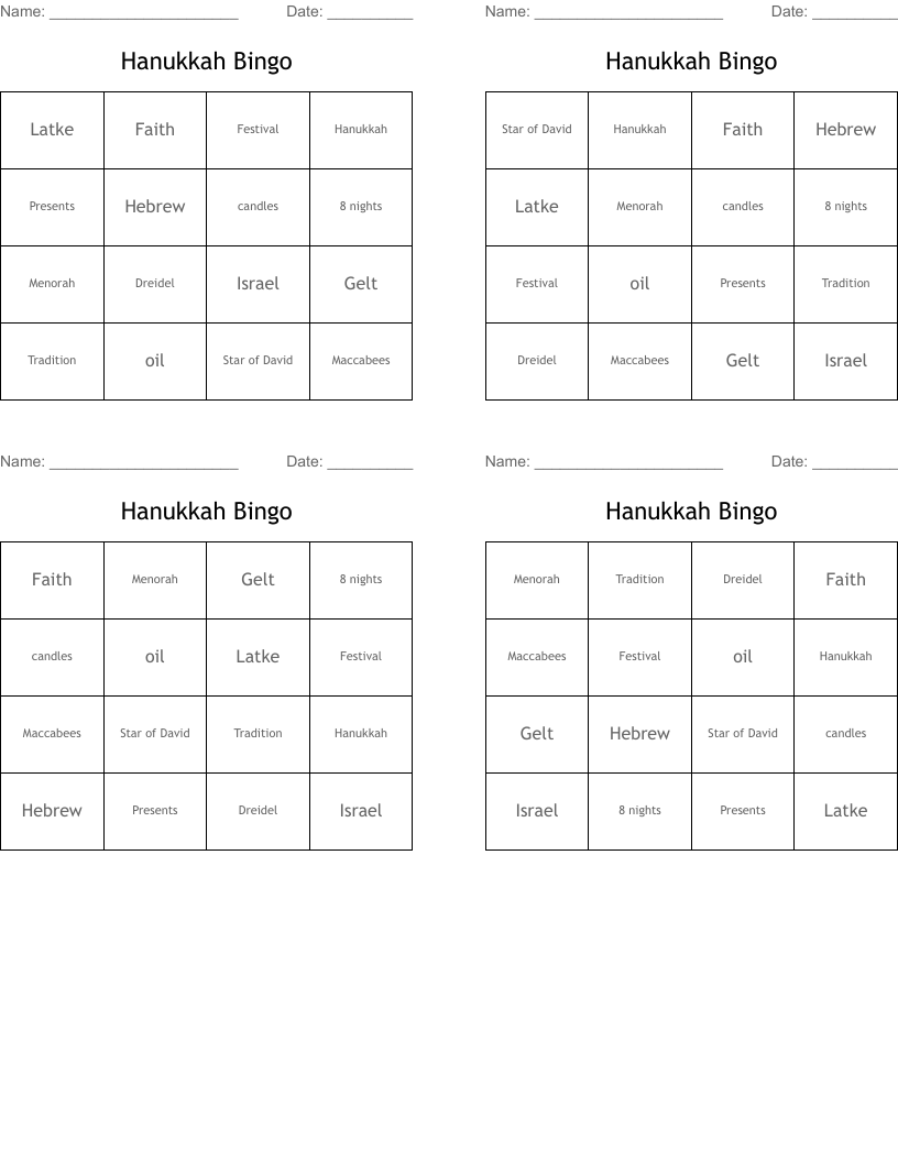 Hanukkah Bingo