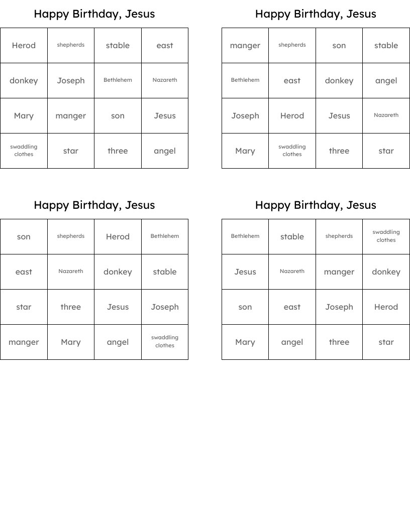 Happy Birthday, Jesus Bingo Cards