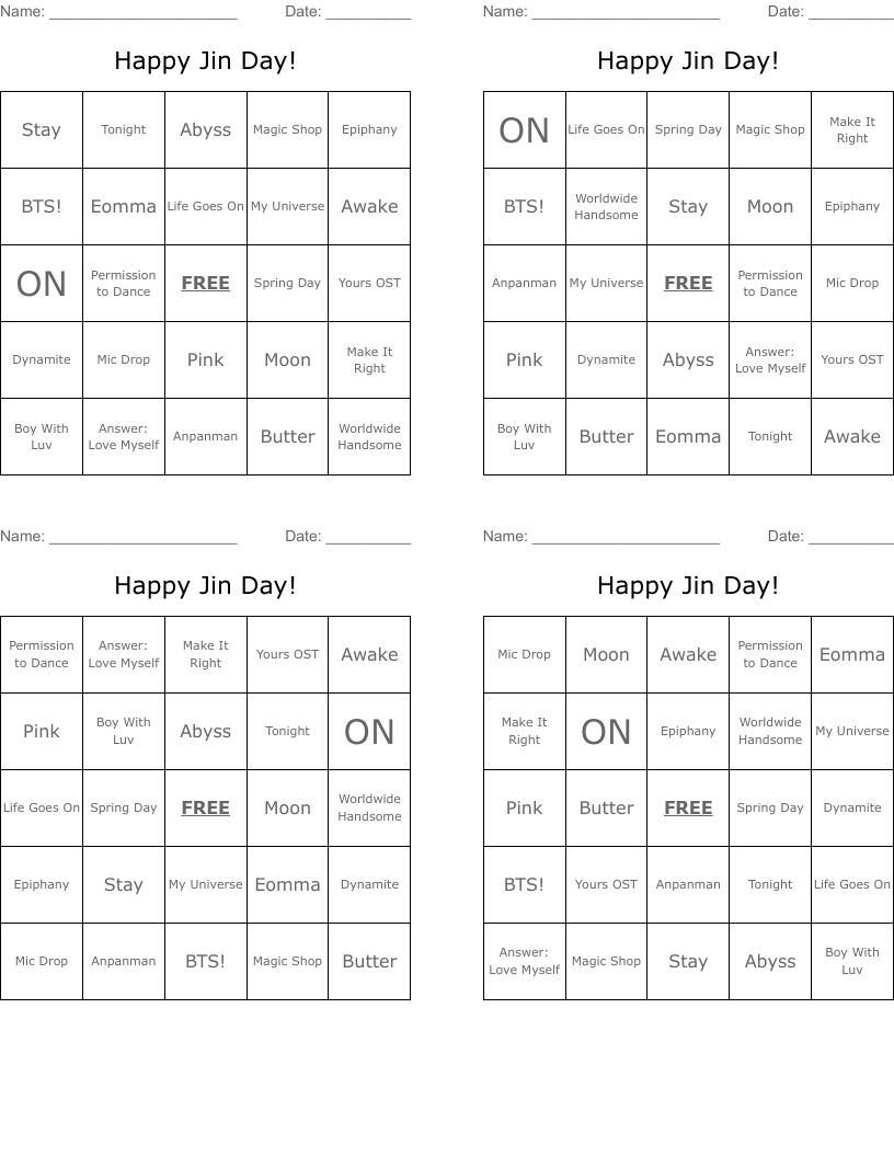 Happy Jin Day! Bingo Cards
