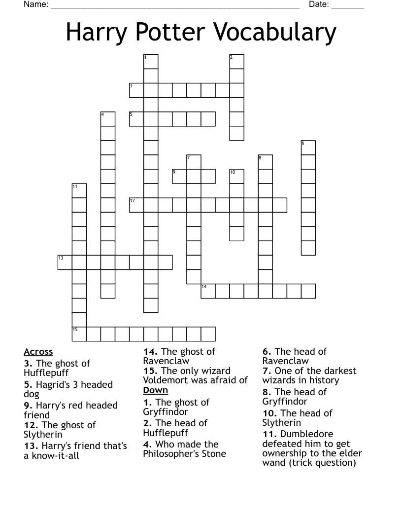 Harry Potter Vocabulary Crossword