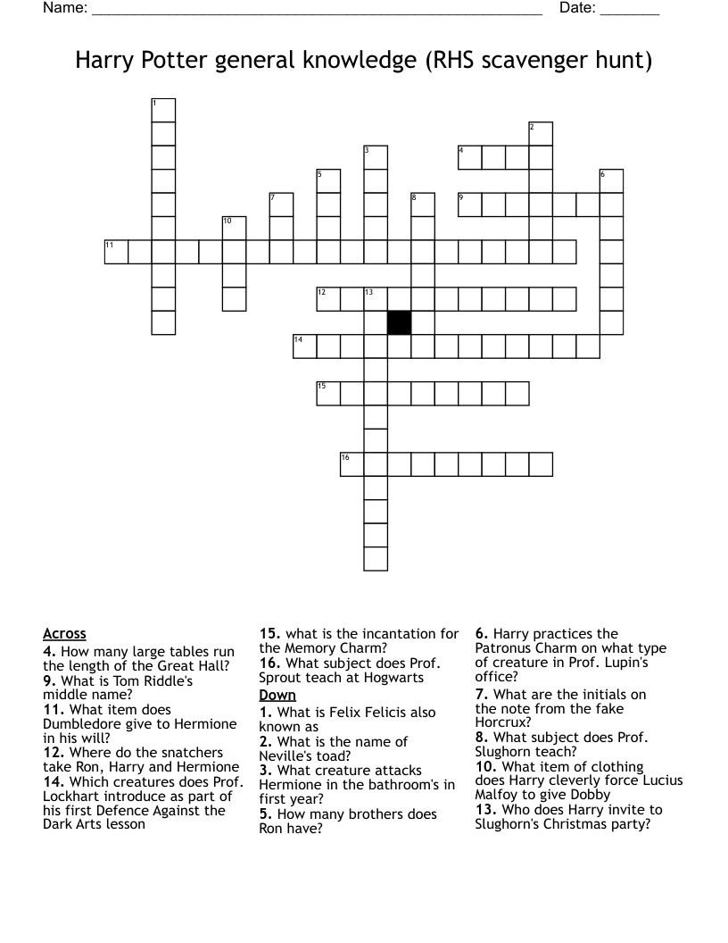 Harry Potter general knowledge (RHS scavenger hunt) Crossword