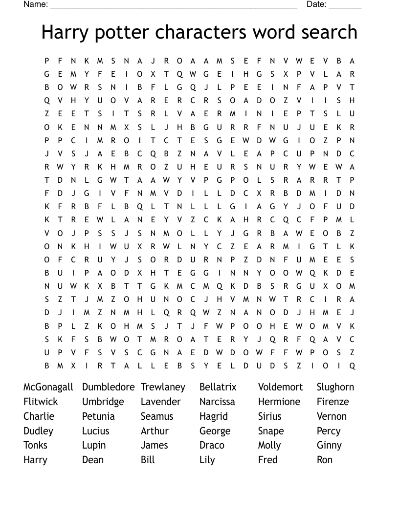 Harry potter characters word search