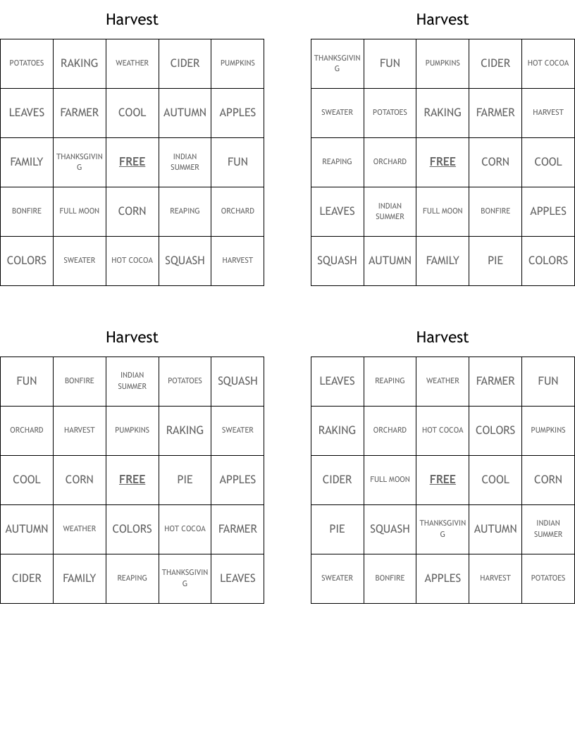 Harvest Bingo Cards