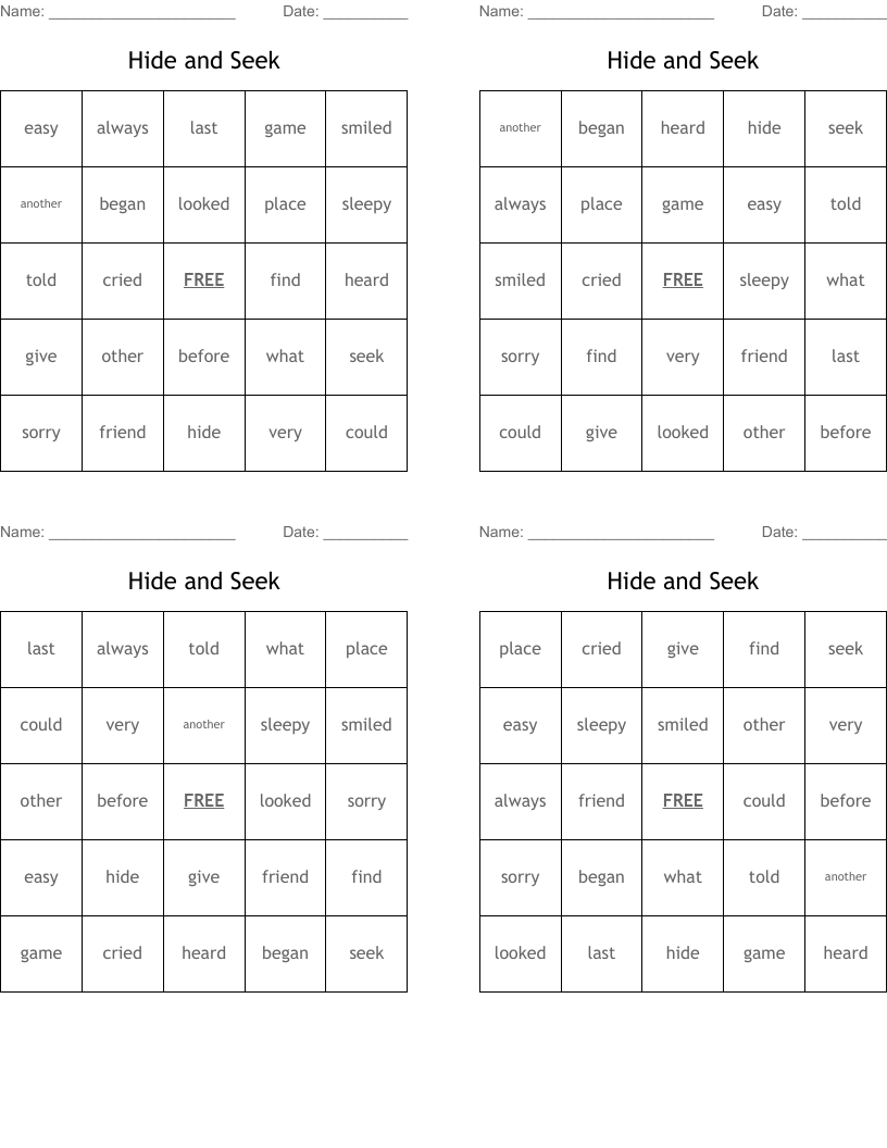 Hide and Seek Bingo Cards