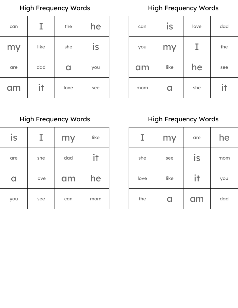 High Frequency Words Bingo Cards