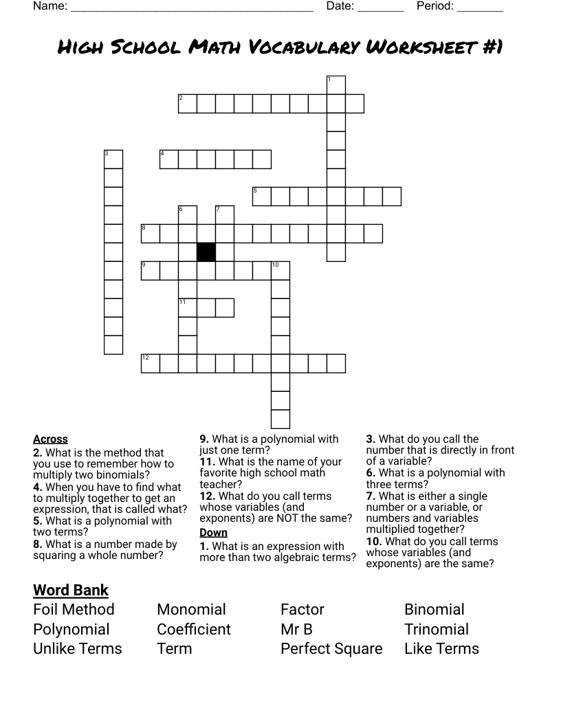 High School Math Vocabulary Worksheet #1 Crossword