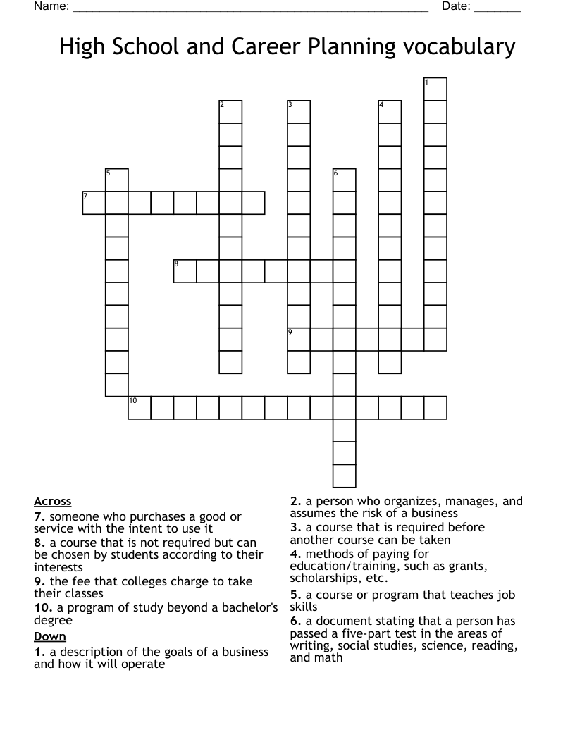 High School and Career Planning vocabulary Crossword