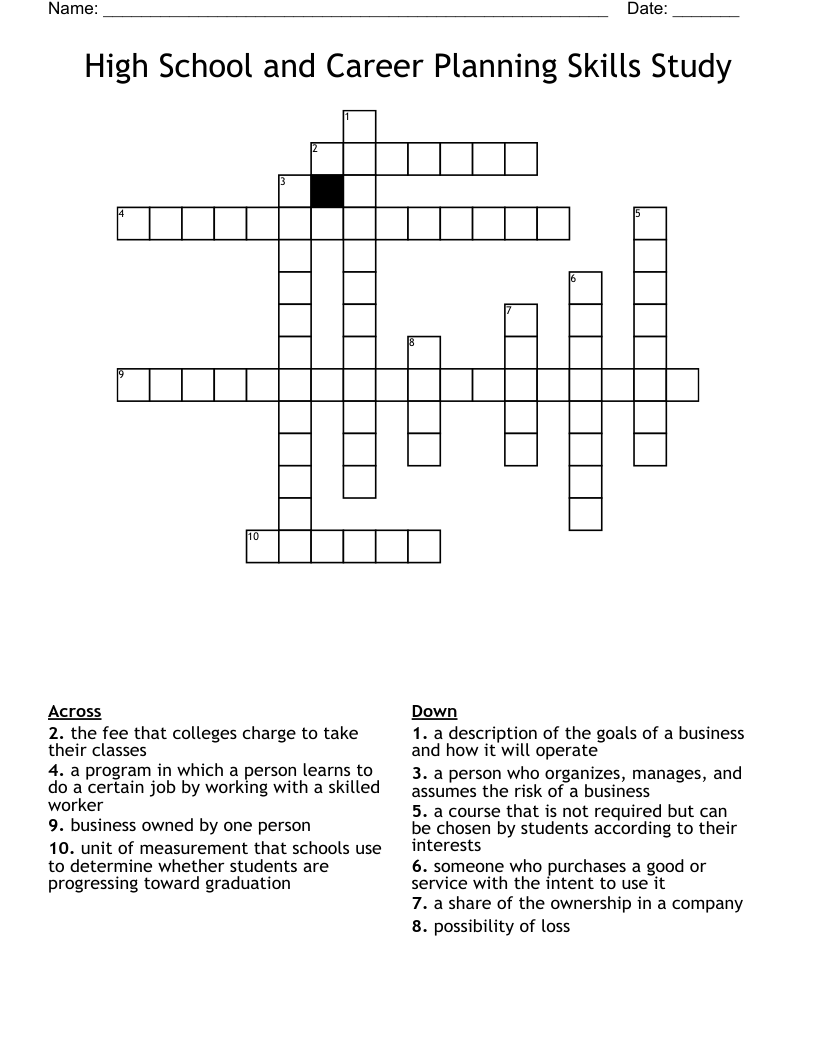 High School and Career Planning Skills Study Crossword