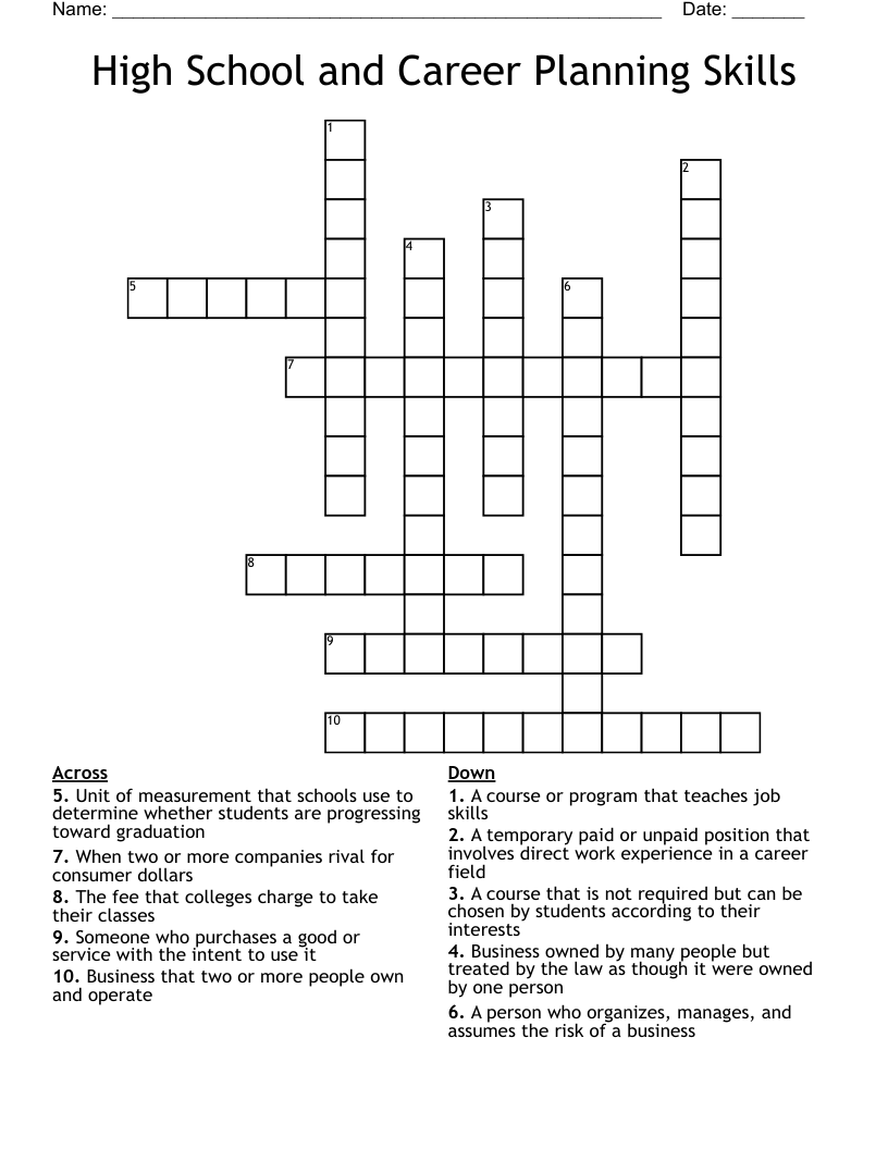 High School and Career Planning Skills Crossword