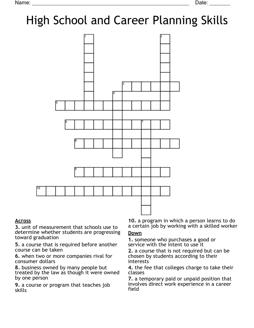 High School and Career Planning Skills Crossword