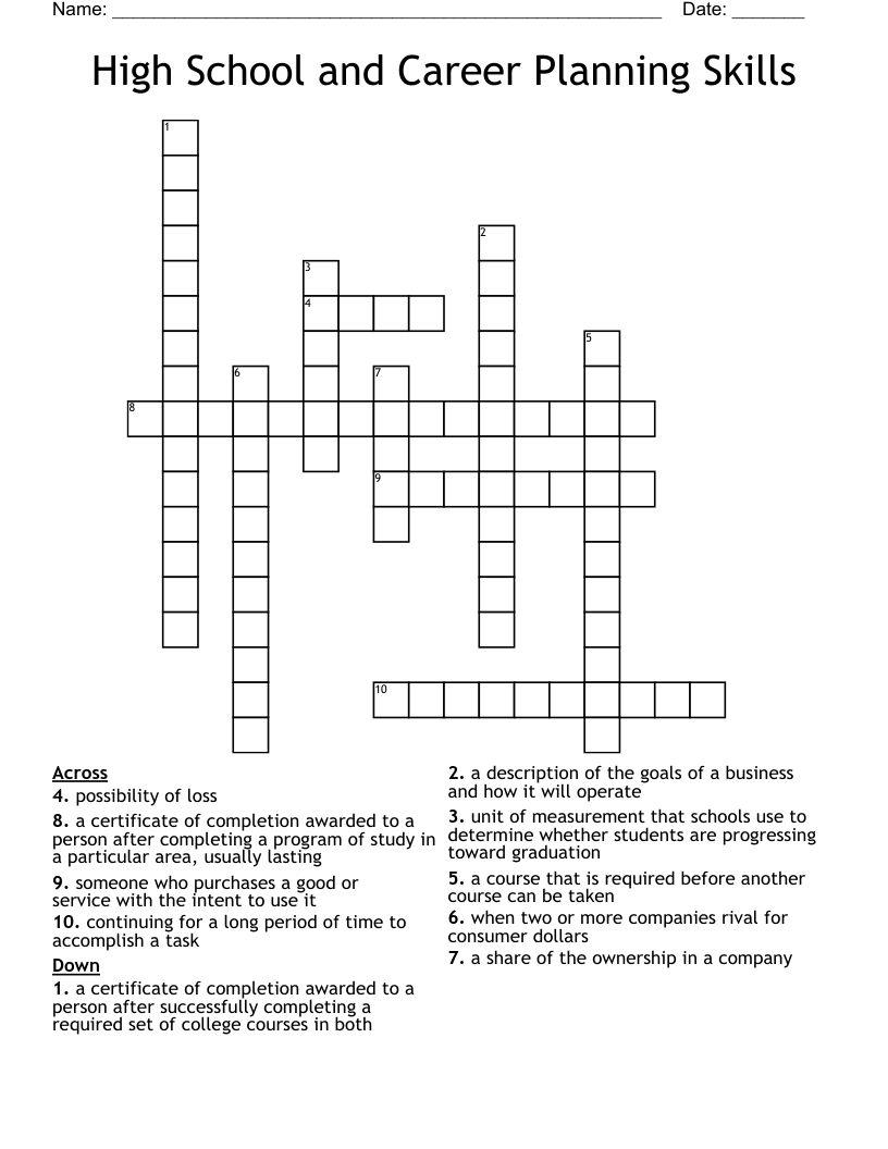 High School and Career Planning Skills Crossword