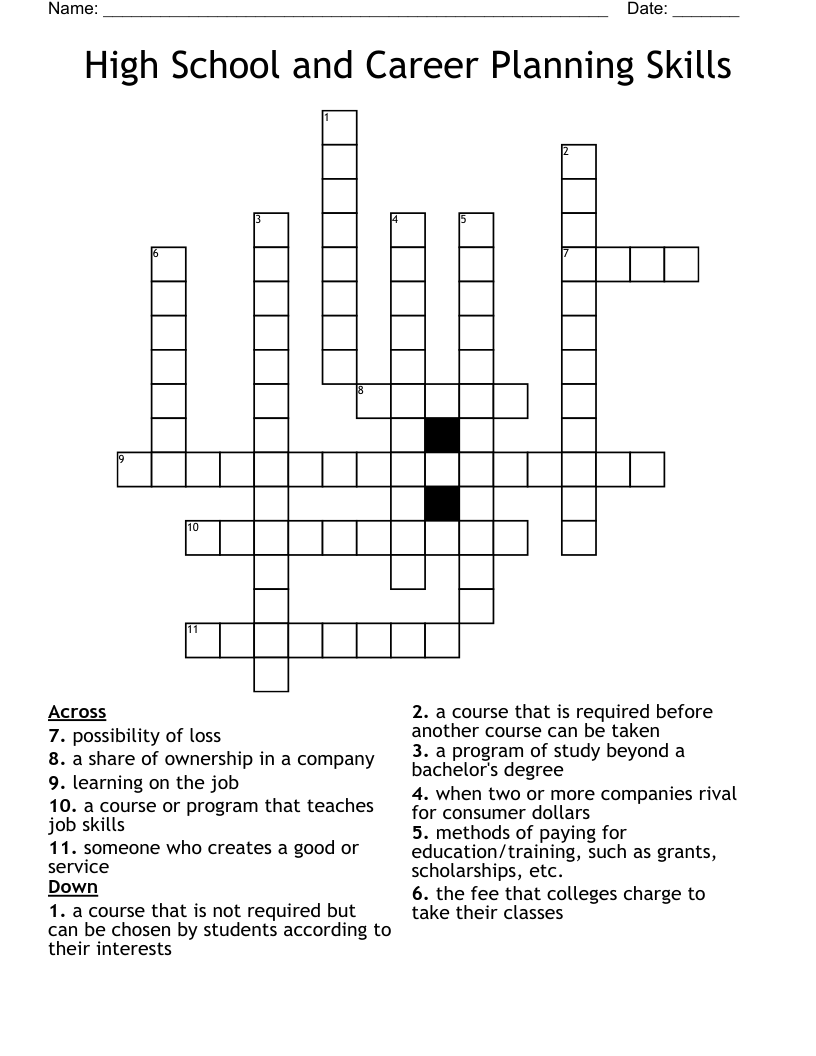 High School and Career Planning Skills Crossword