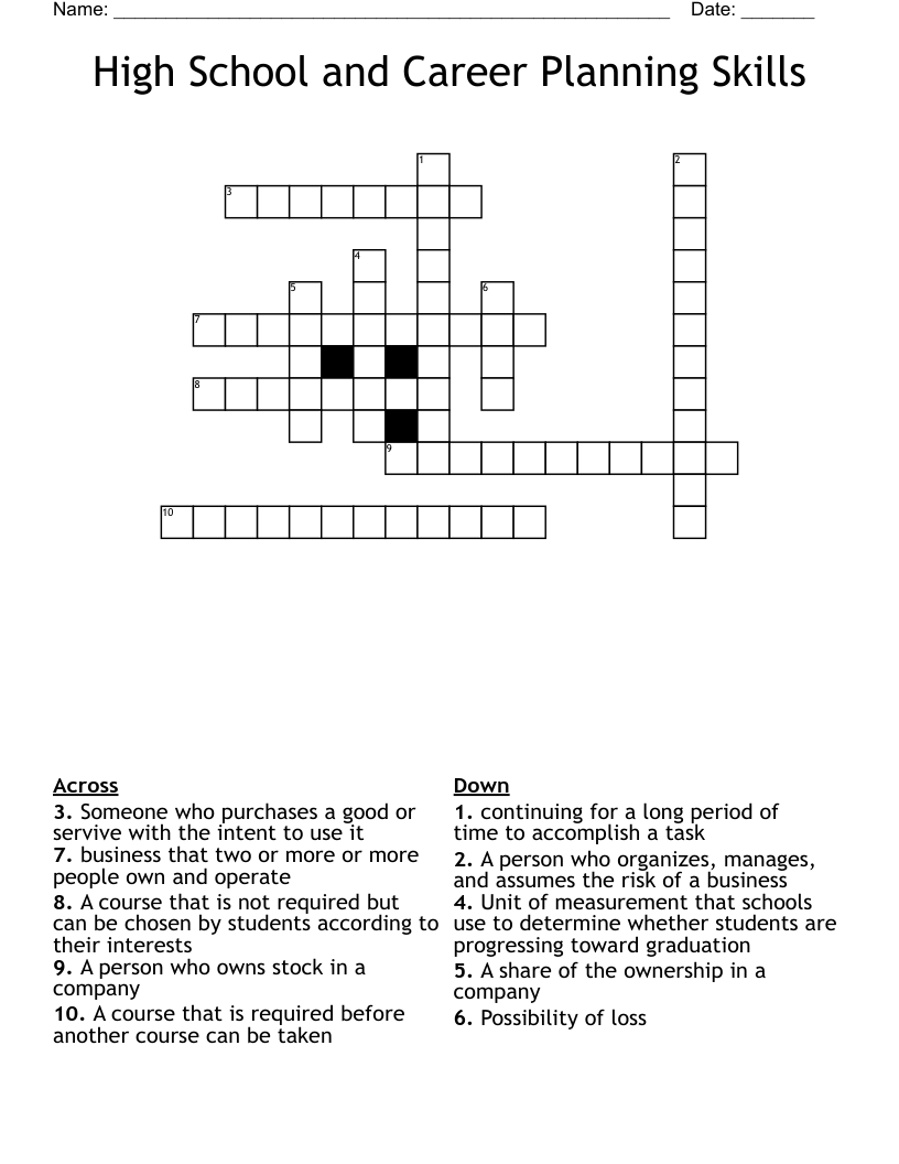 High School and Career Planning Skills Crossword