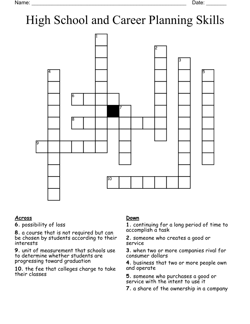 High School and Career Planning Skills Crossword