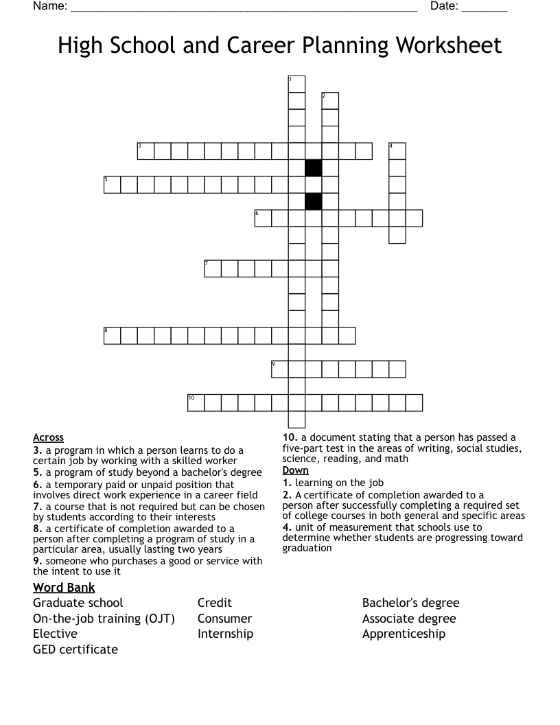 High School and Career Planning Worksheet Crossword