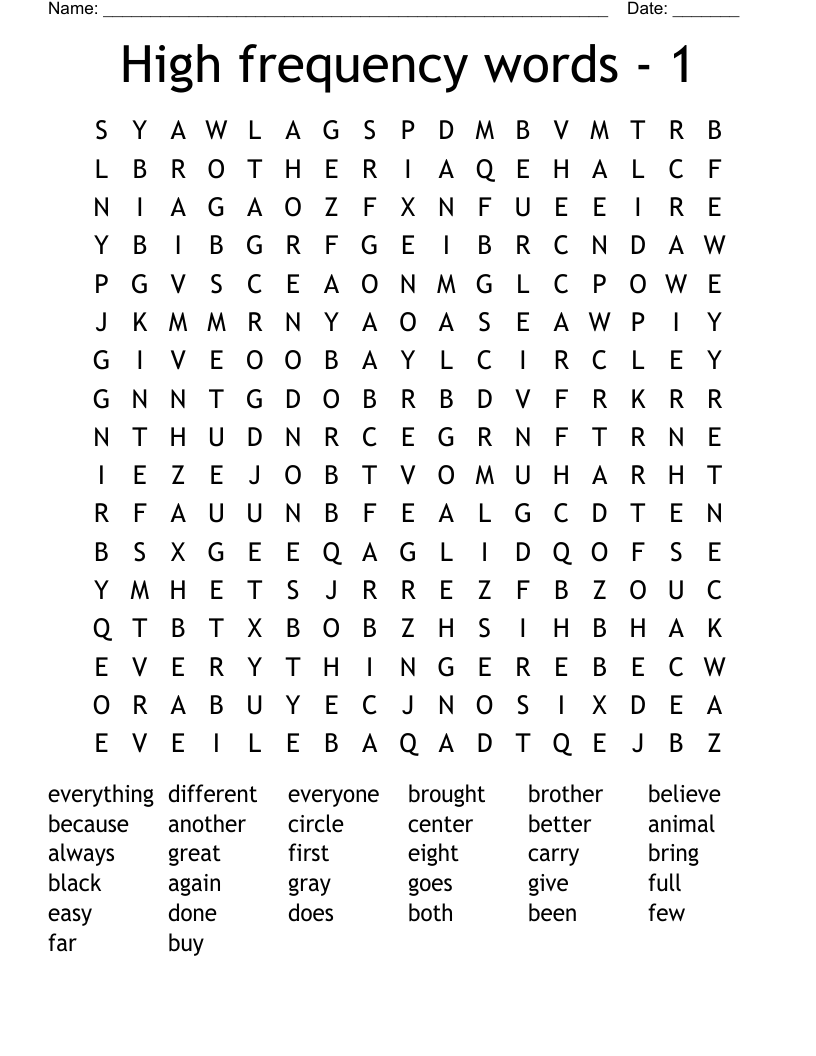 High frequency words - 1 Word Search