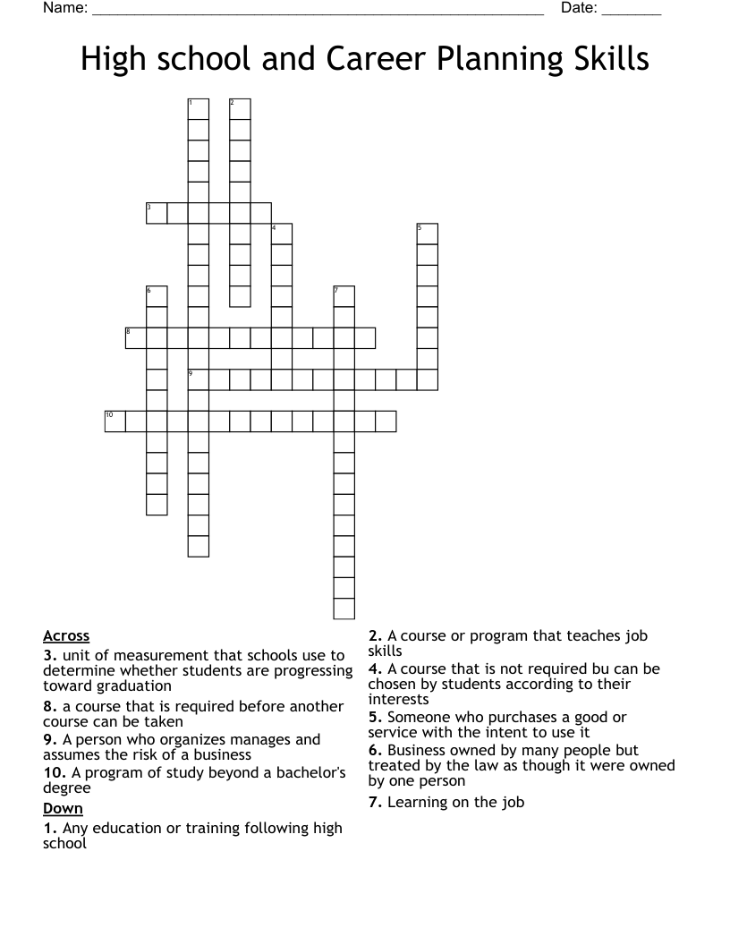 High school and Career Planning Skills  Crossword