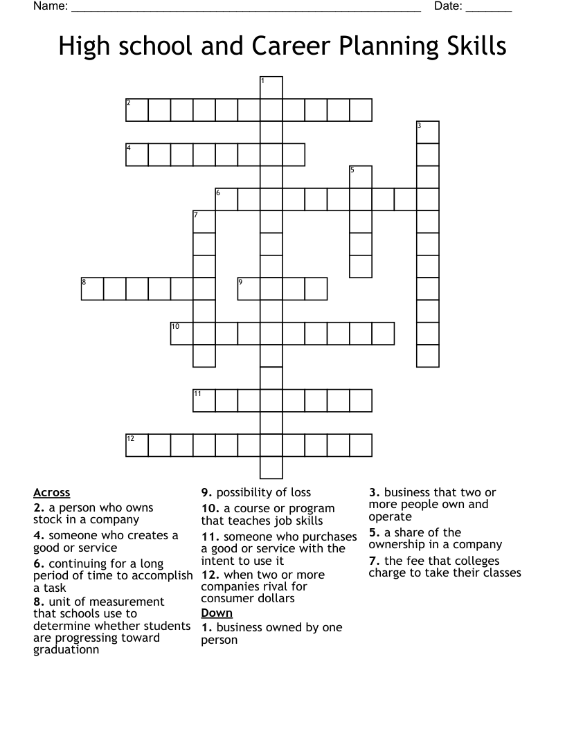 High school and Career Planning Skills Crossword