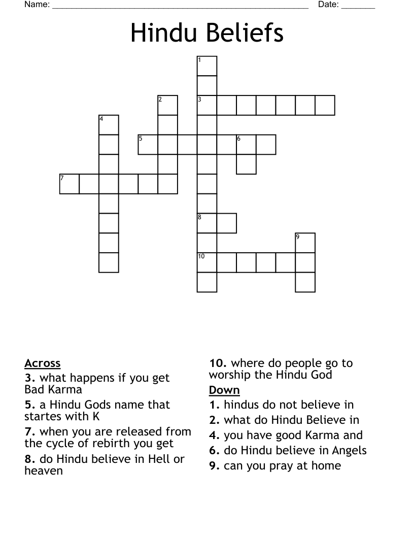 Hindu Beliefs Crossword